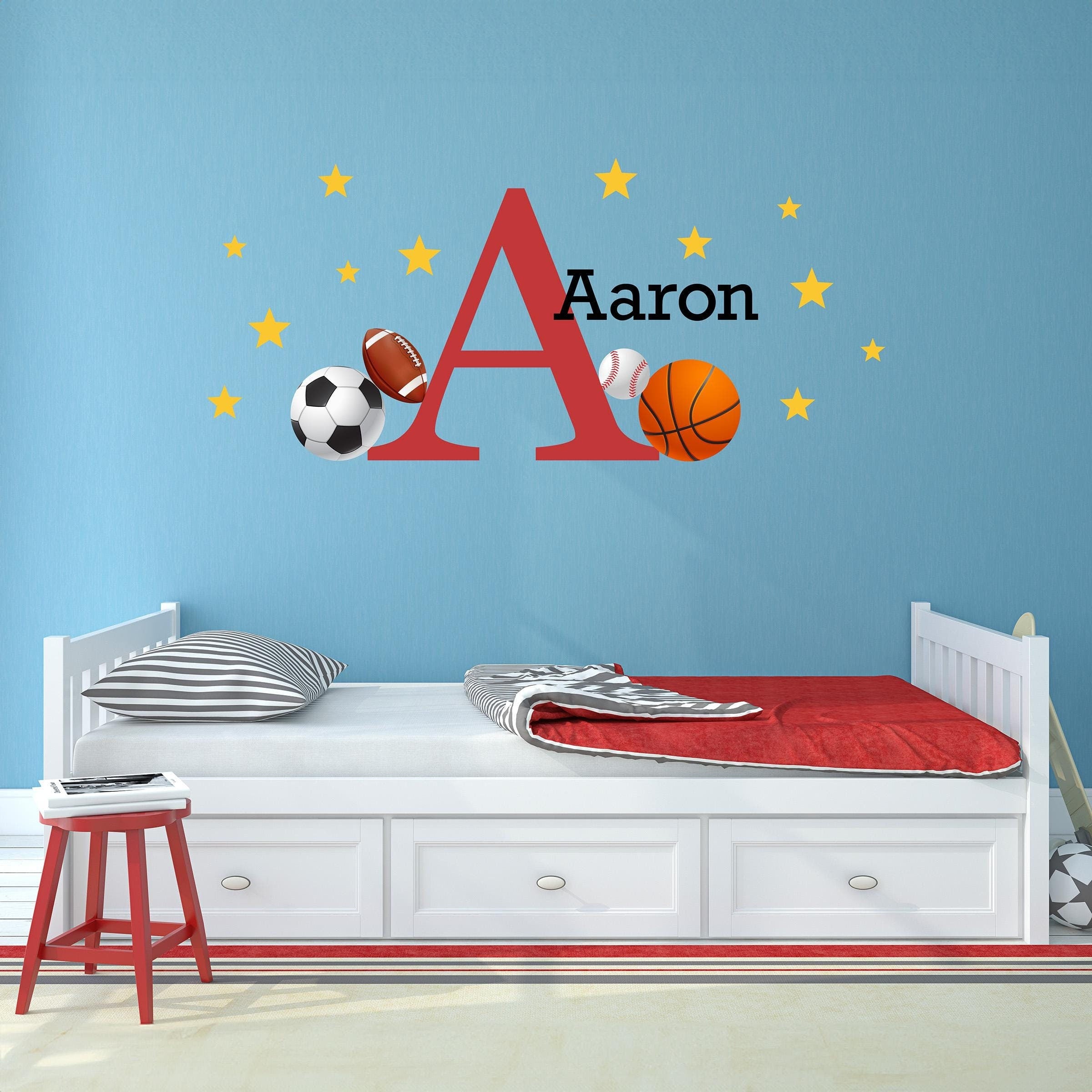 Sports Wall Decal Set. Personalized Name for boy's bedroom. Basketball, baseball, soccer, football.