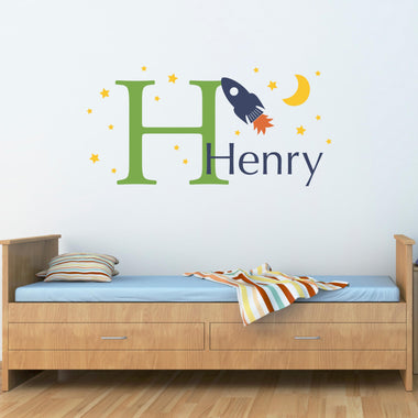 Rocket & Boys Name Wall Decal - Rocket Moon Stars Decal with Initial - Personalized Boy Decal - Large