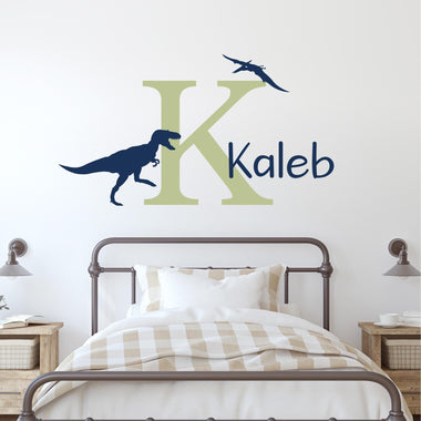 Personalized Dinosaur Wall Decal Set. Trex and pterodactyl. Initial and Name.
