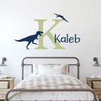 Personalized Dinosaur Wall Decal Set. Trex and pterodactyl. Initial and Name.