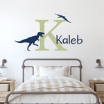 Personalized Dinosaur Wall Decal Set. Trex and pterodactyl. Initial and Name.