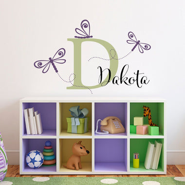 Personalized Dragonfly Wall Decal Set. 3 dragonflies with a name and initial.