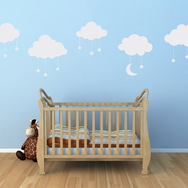 Cloud Decal Set with Dangle Stars & Moon. Set of FIVE Clouds. Nursery Decor.
