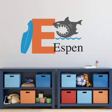 Shark Wall Decal set. Personalized Name and Initial. Shark, waves, surfboard graphics.