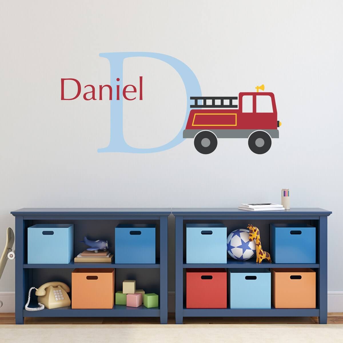 Firetruck Initial Name Wall Decal Set - Personalized Fire Truck Wall Decal - Boy Bedroom Wall Art - Large
