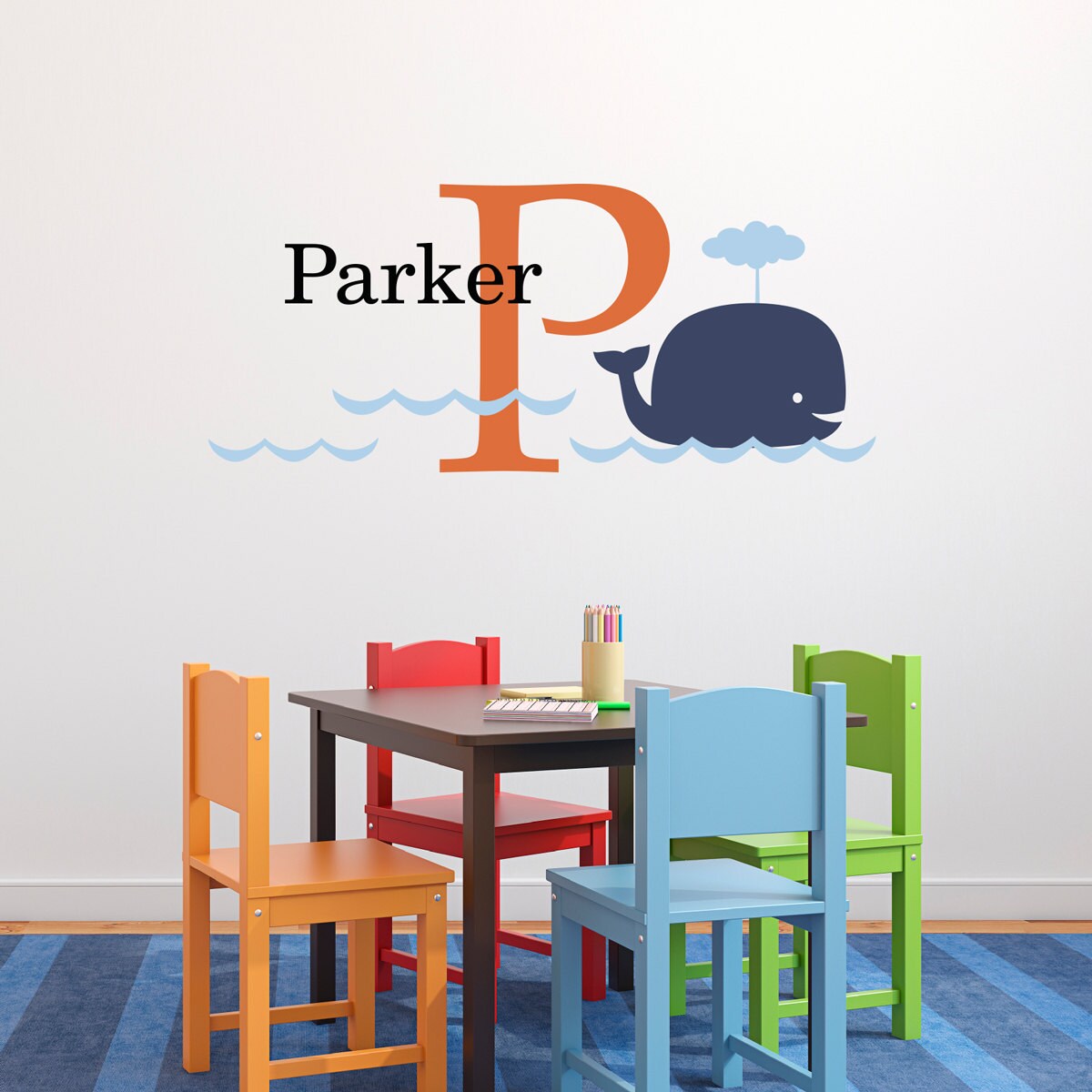 Big Whale Decal Set with Initial & Name - Kids Wall Decal - Personalized Wall Sticker - Whale Decor - Medium
