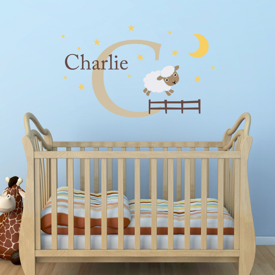 Jumping Sheep, Initial & Name Decal Set - Nursery Wall Decal - Moon and Stars - Sheep Wall Sticker - Large