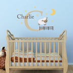 Jumping Sheep, Initial & Name Decal Set - Nursery Wall Decal - Moon and Stars - Sheep Wall Sticker - Large