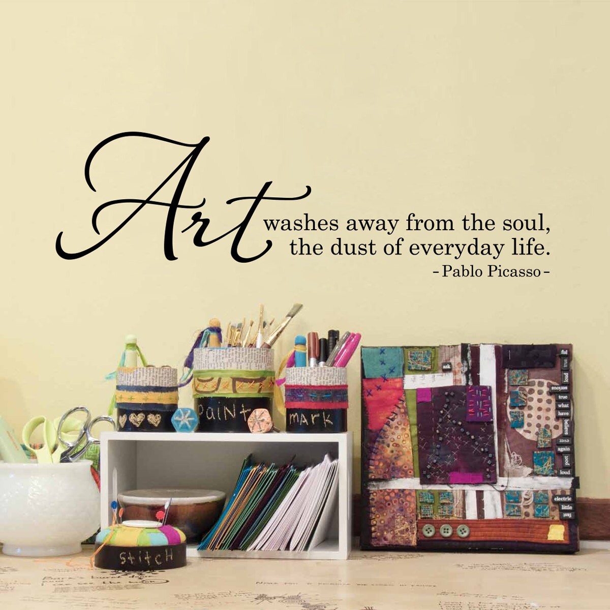 Picasso Quote Wall Decal - Art washes away from the soul the dust of everyday life Decal - Craft Room decal - Art Quote Wall Sticker