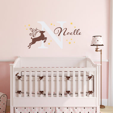 Reindeer Decal Set with Name & Initial - Personalized Girl Wall Decal - Reindeer - Stars Decal - Large