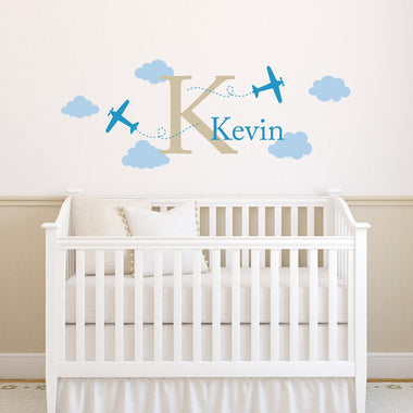 Airplane Wall Decal with Initial and Name - Boy Name Decal - Plane Wall Sticker - Boy Bedroom Decor - Medium
