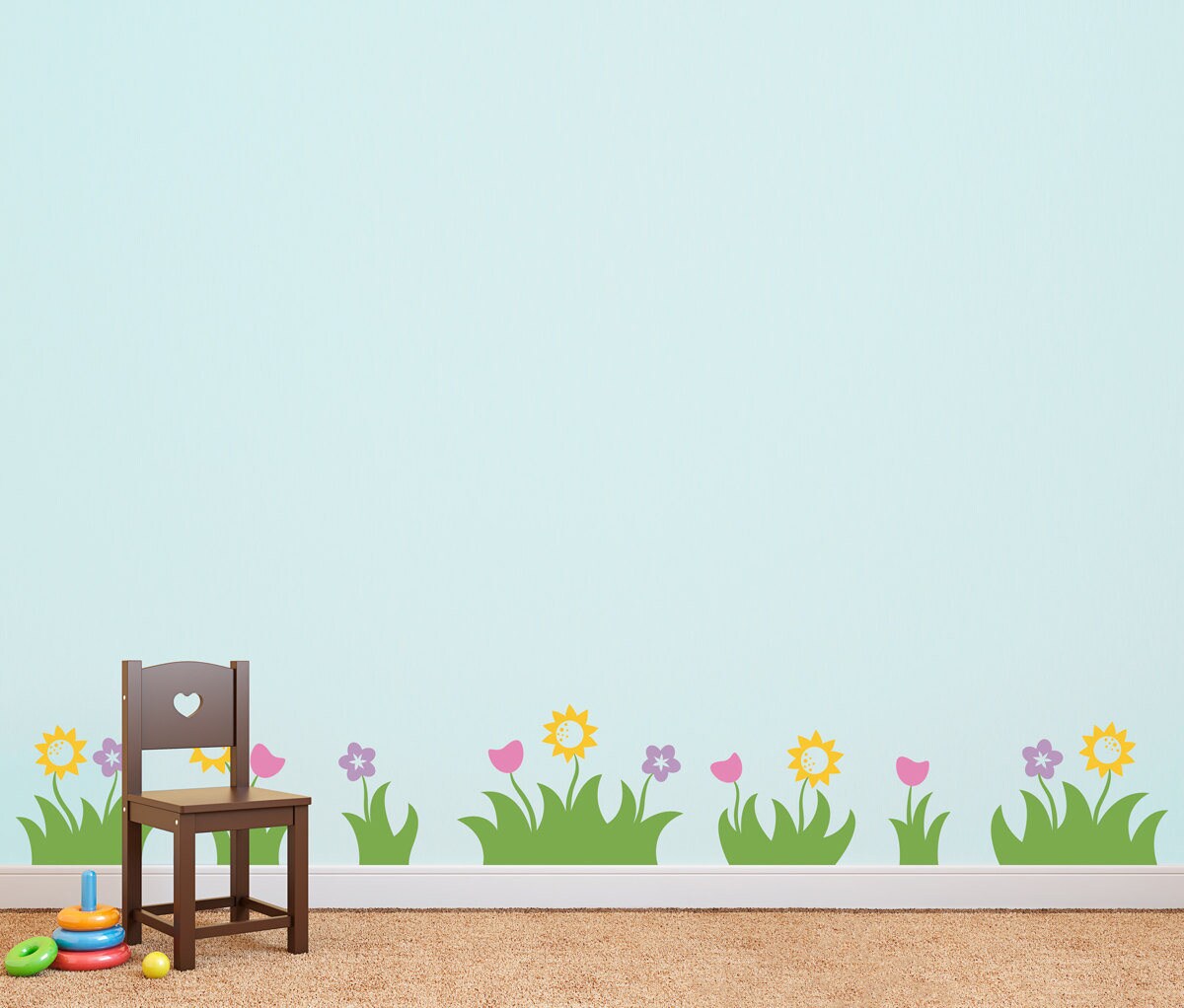 Grass and Flowers Wall Decal - Set of 7 Grass Patches with flowers - Grass Decals - Kids Bedroom Decal