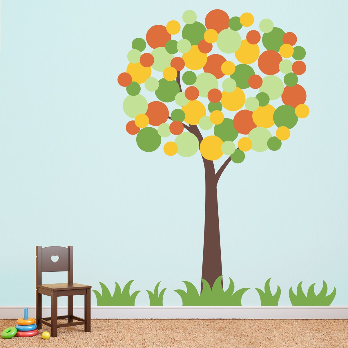 Polka Dot Tree Wall Decal with Grass - Playroom Decor - Children Wall Decals - Extra Large