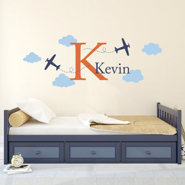 Airplane Wall Decal with Initial and Name - Personalized Boy Name Decal - Plane Wall Sticker - Boy Bedroom Decor - Large