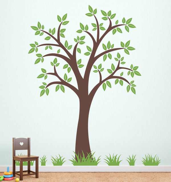 Tree Wall Decal with Grass patches - 80 inch tree - Tree Decal Set - Grass Wall Decals