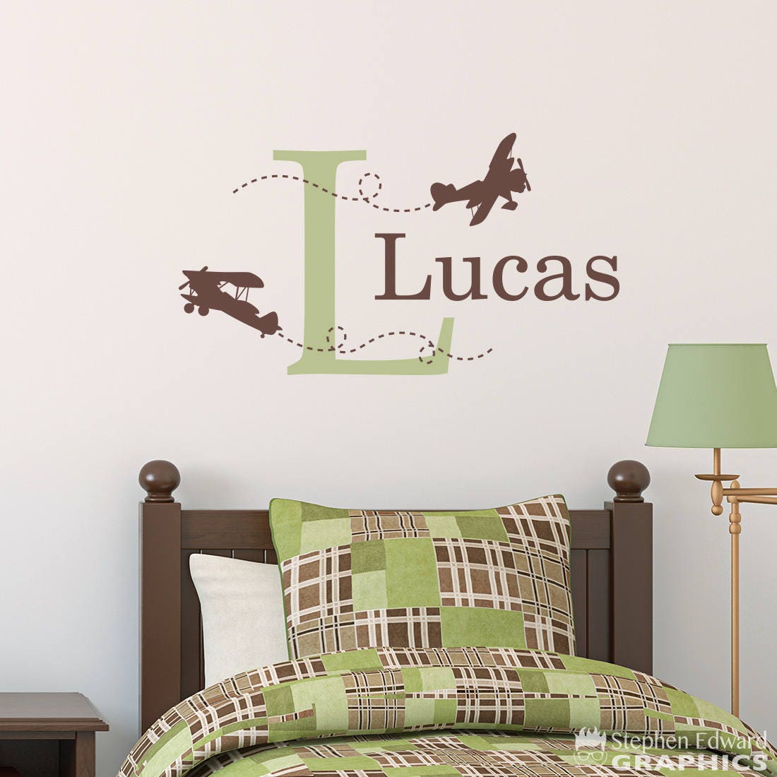 Biplane Wall Decal - Airplane Decal with Initial and Name - Personalized Boy Decal - Medium