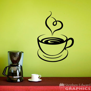 Coffee Cup Wall Decal | I Love Coffee Wall Art | Heart Steam