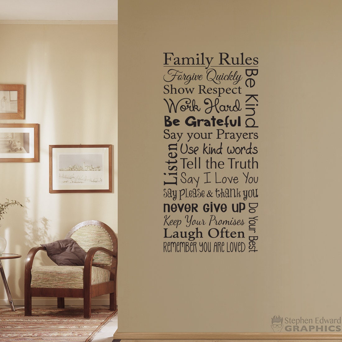 Family Rules Wall Decal | Show Respect Use Kind Words Never Give Up Do your Best | Family Decor | Vertical