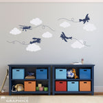 Airplane Cloud Decal Set - 4 Detailed Airplanes and 7 Cloud Wall Decals - Boy Bedroom Decor