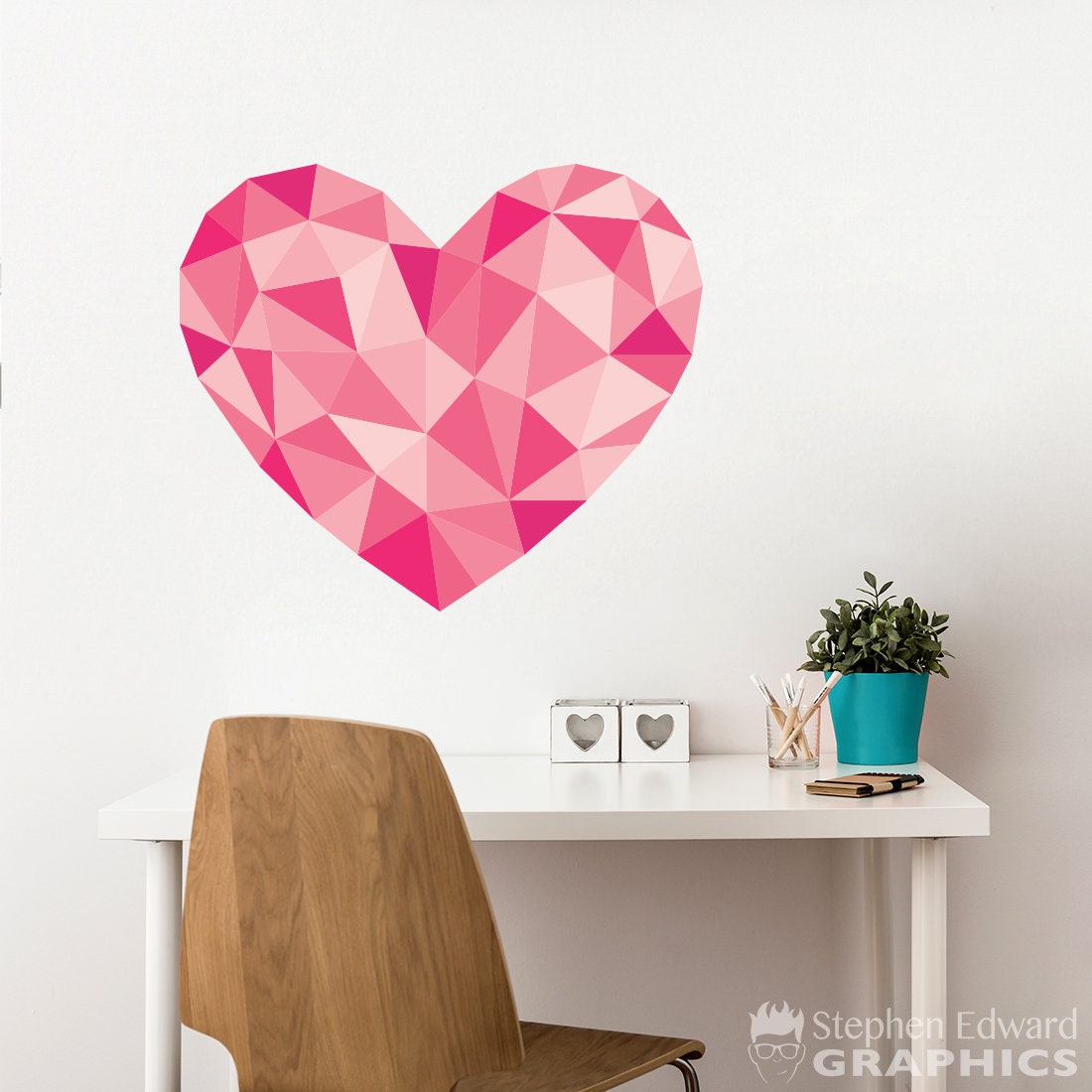 Pink Geometric Heart Decal - Girl Office Decor - Bedroom Wall Art