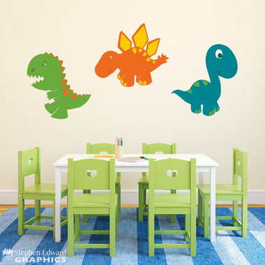 Cartoon Dinosaur Decal Set - 3 Dinosaur Wall Stickers - Kids Bedroom Decor