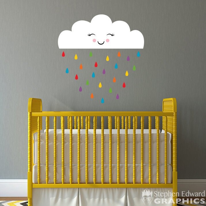 Cloud with Rainbow Raindrops Decal Set - Nursery Decor - Smiling Cloud Wall Art