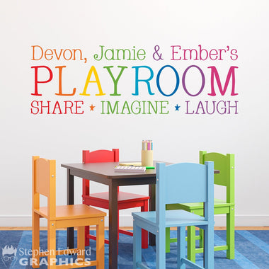 Personalized Playroom Share Imagine Laugh Decal in Rainbow colors - Kids Names - Children Wall Decal - Playroom Decor