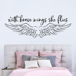 With Brave Wings She Flies Decal - She Quote - Girl Bedroom Decor - Wings Wall Art
