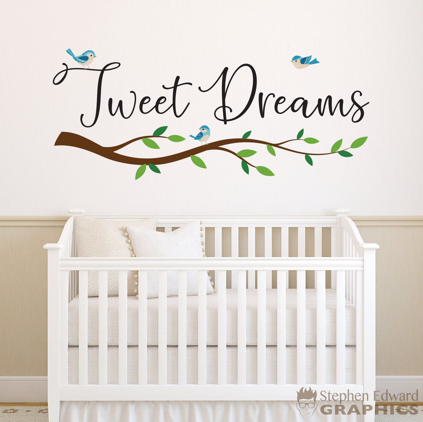 Tweet Dreams Nursery Decal - Baby Wall Art - Birds and Branch - Children Decor - Full Color version