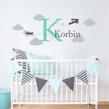 Airplane Decal Set with Initial, Name, Clouds | Personalized Boy Name Vinyl | Plane Bedroom Decor | Medium Version 2