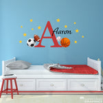 Sports Wall Decal Set with Personalized Initial and Name - Boy Bedroom Decor - Football Basketball Soccer Baseball