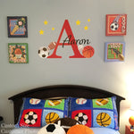 Sports Wall Decal Set with Personalized Initial and Name - Boy Bedroom Decor - Football Basketball Soccer Baseball