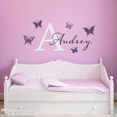 Butterflies with Personalized Girl Name Decal - Butterfly Wall Art - Initial Vinyl Decal - Large Set