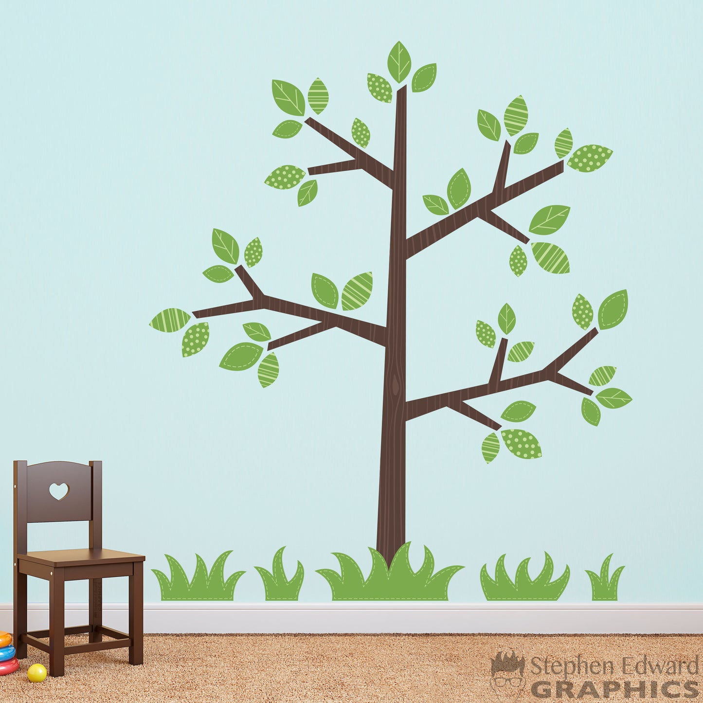 Tree Decal with Leaves & Grass patches - Children Wall Decal - Nursery Decor - Multiple sizes