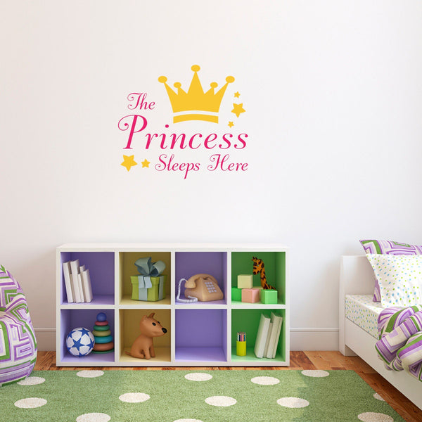 The Princess Sleeps Here Decal - Princess Crown Wall Sticker - Girl Bedroom Wall Art