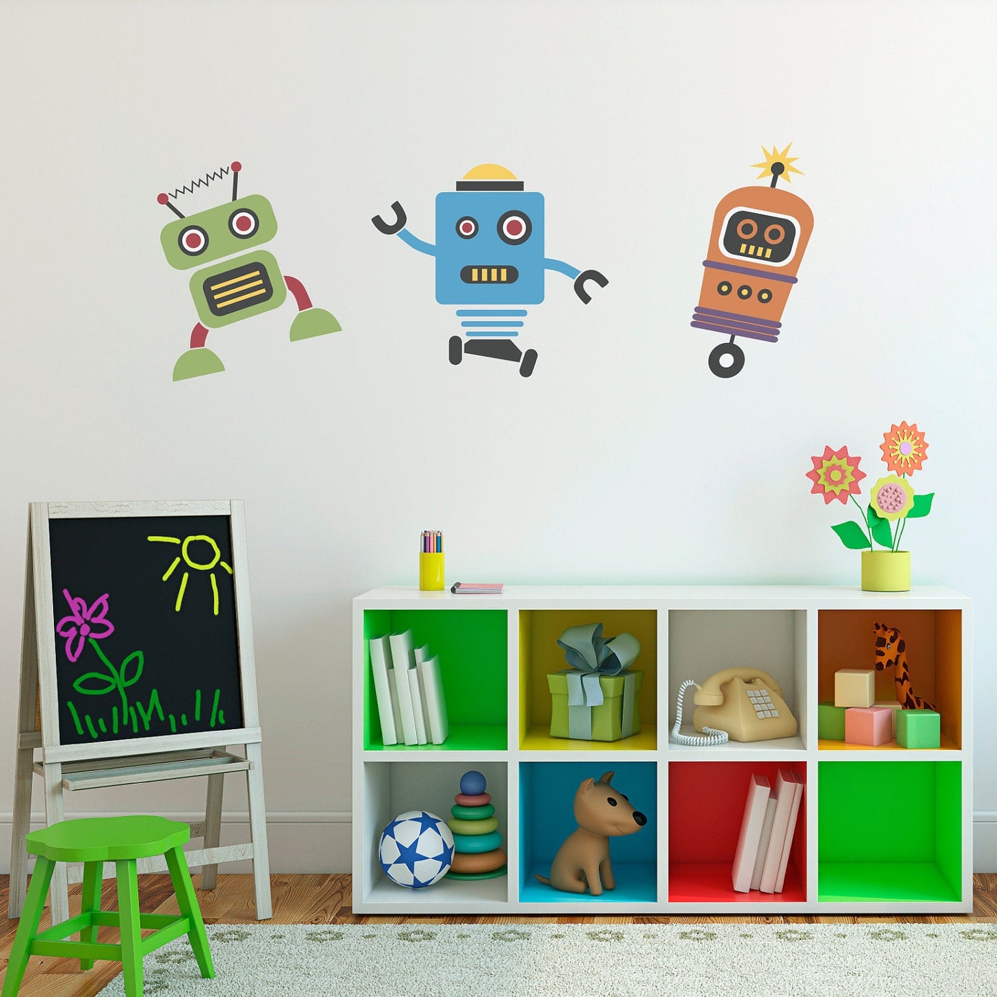 Cute Robots Decal - Group Vinyl Wall Art - Children Wall Decals