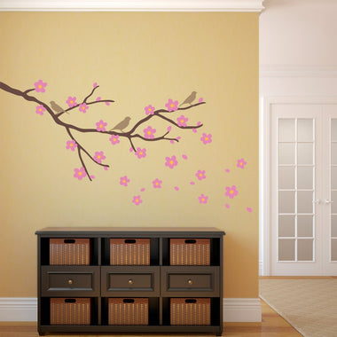 Cherry Blossom Wall Decal with Birds - Flower Decals with Branch - Japanese Wall Decal - Large