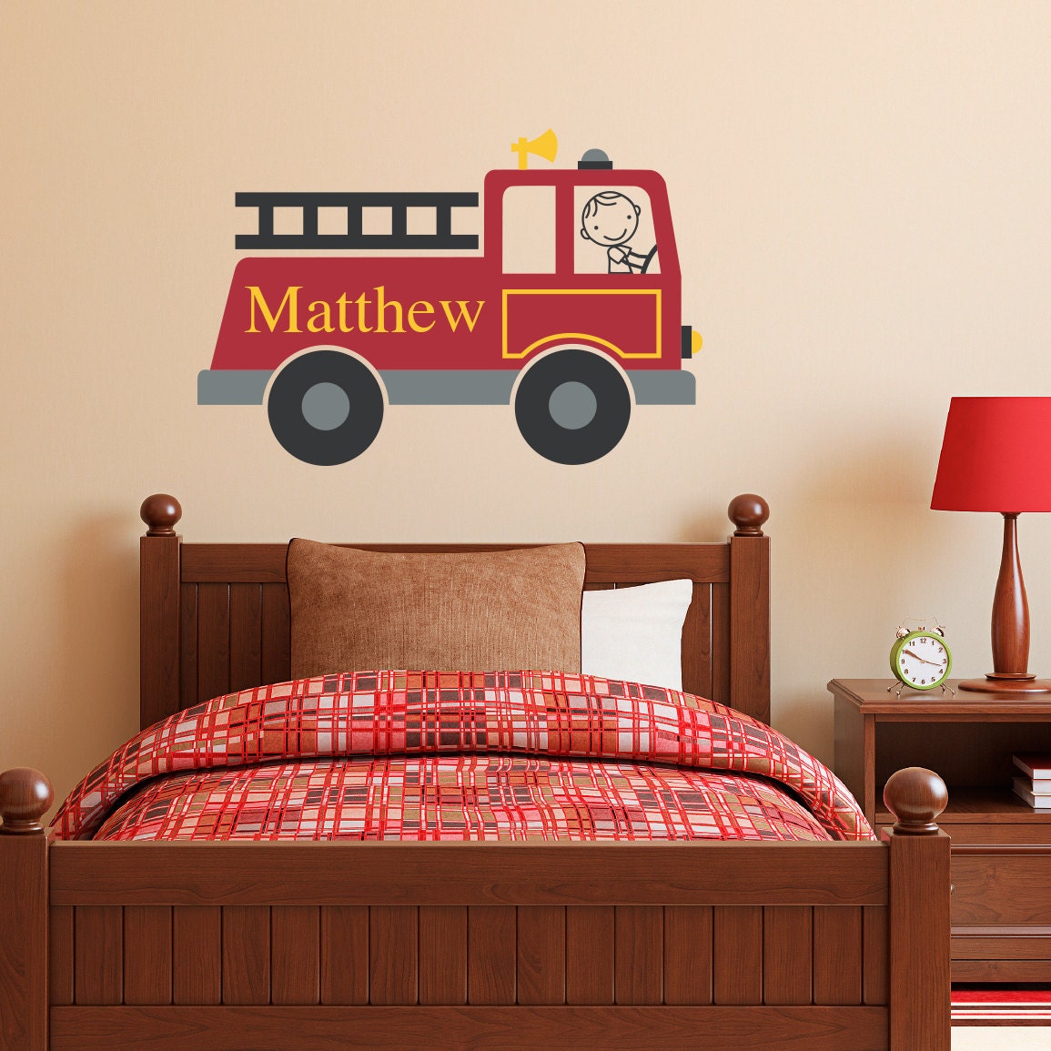 Firetruck Wall Decal Personalized | Boy Name Fireman Vinyl | Fire Truck Wall Sticker | Printed Decal