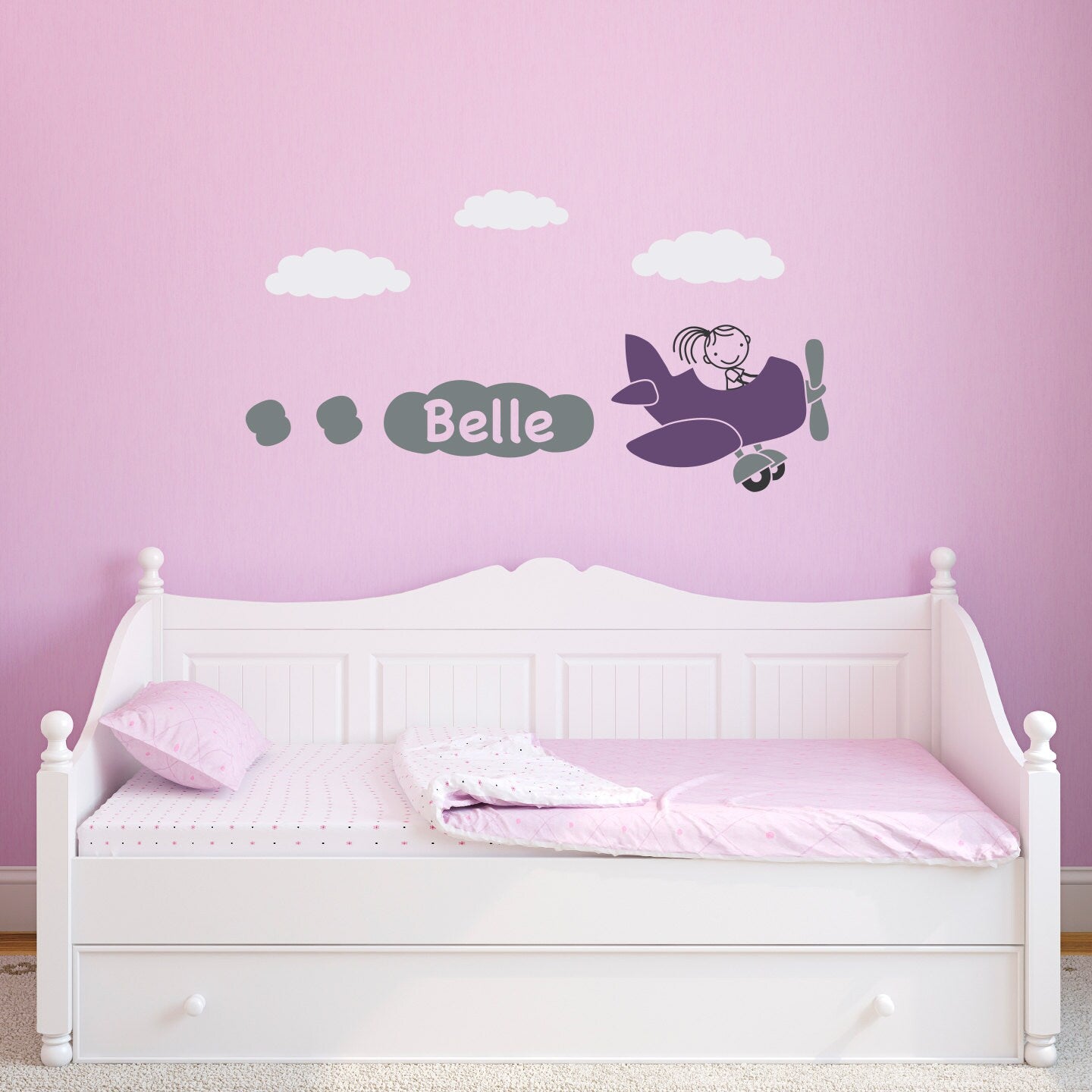 Airplane Wall Decal with Girls Personalized Name - Plane Wall Sticker - Bedroom Decal - Children Wall Decals
