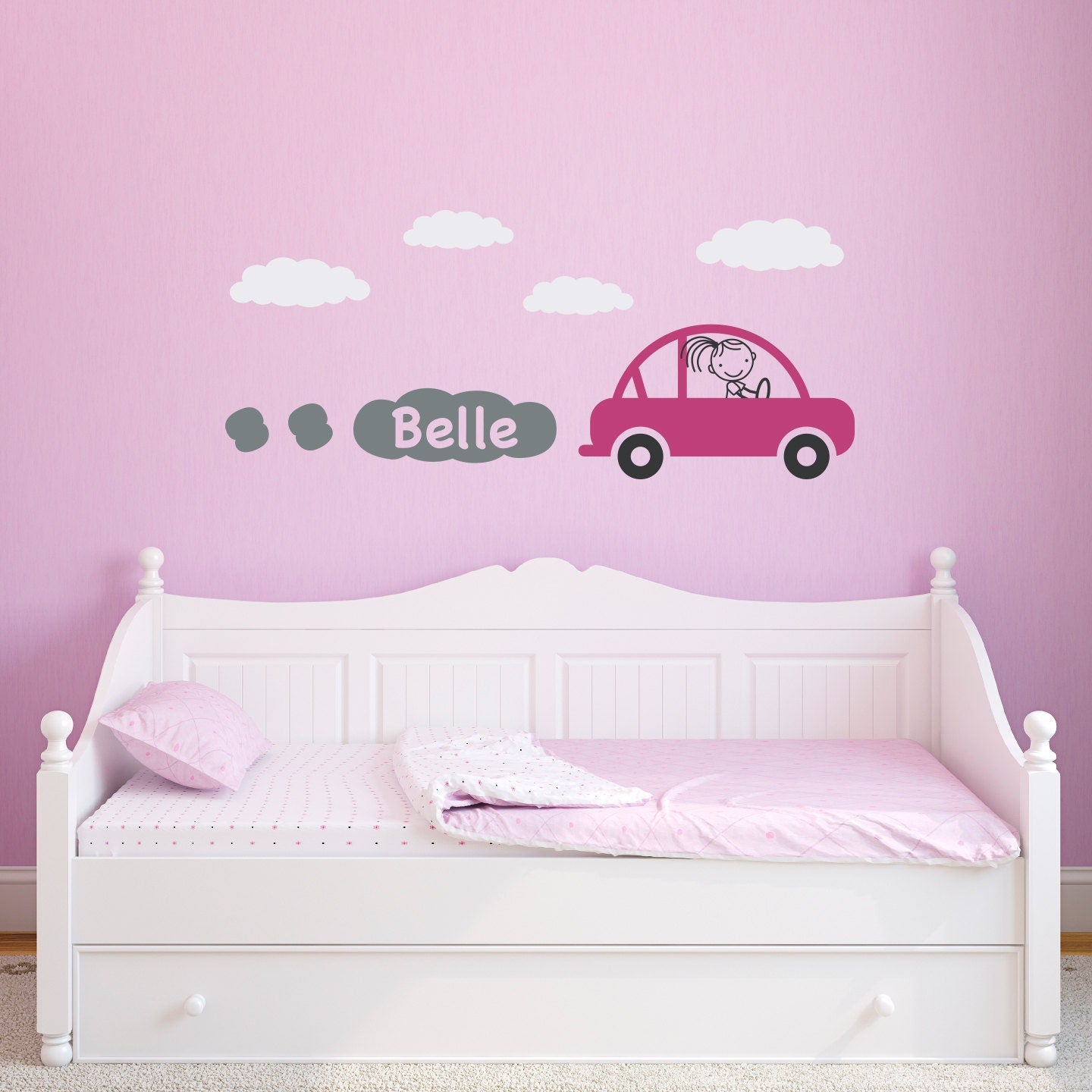 Car Wall Decal with Custom Girls Name - Girl Bedroom Wall Sticker - Personalized Children Wall Decals