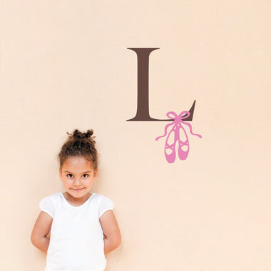 Initial Wall Decal with Ballet Slippers - Girl Bedroom Decal - Medium