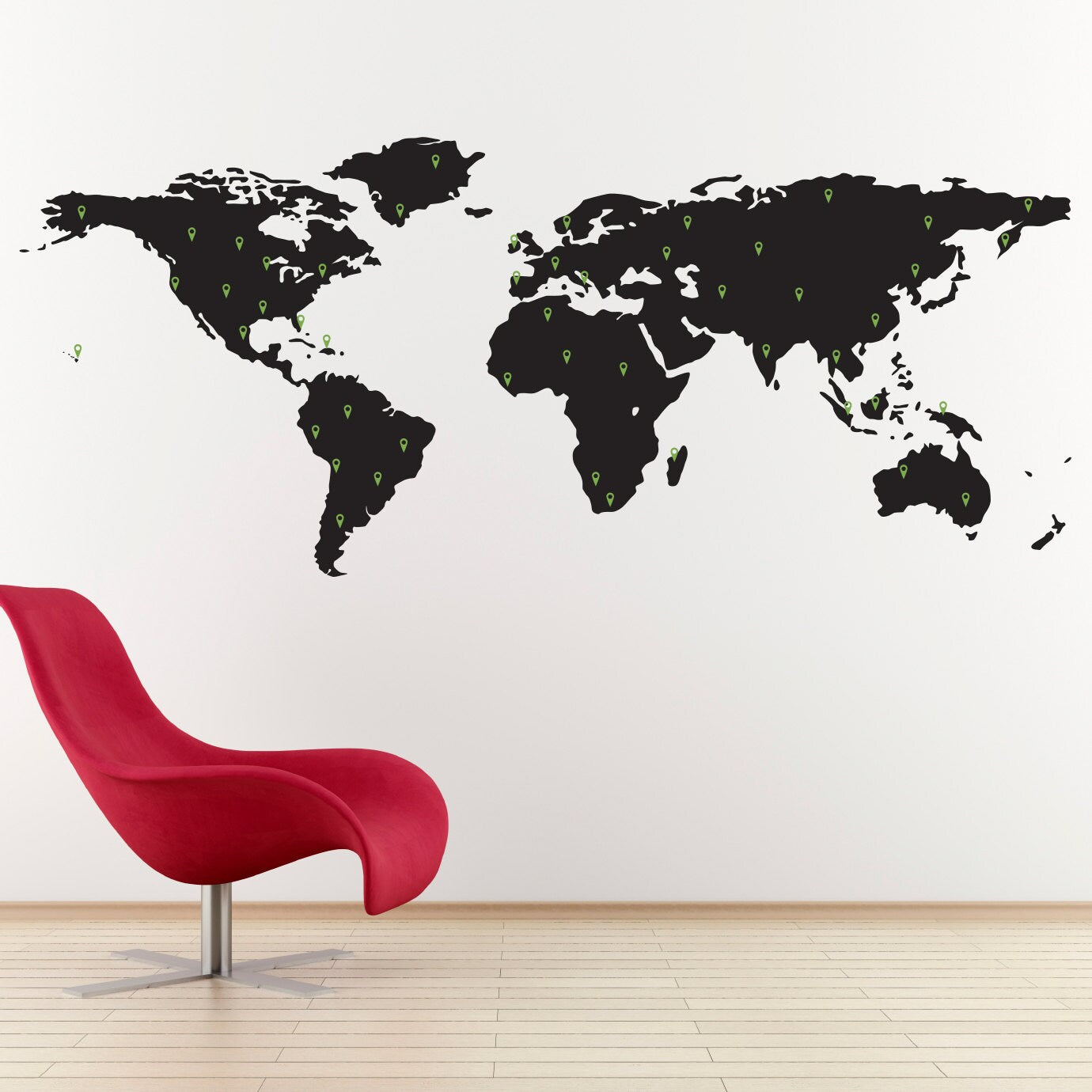 World Map Decal with 50 Marking Pins - Geography Wall Art - Office Decor - Large
