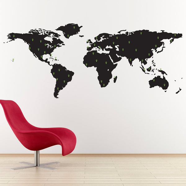 World Map Decal with 50 Marking Pins - Geography Wall Art - Office Decor - Large