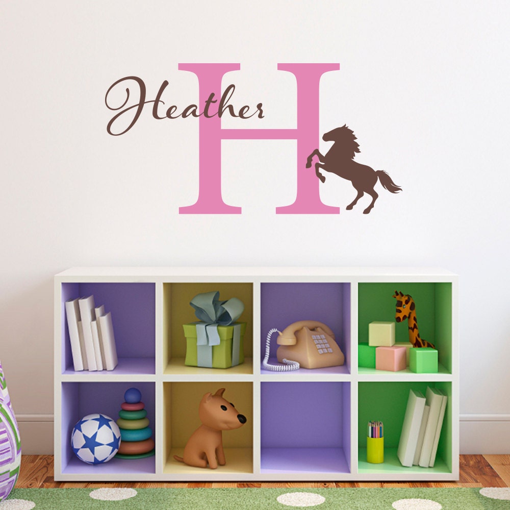 Personalized Horse Decal - Initial Wall Decal with Girls Name & Horse - Horse Wall Sticker - Medium
