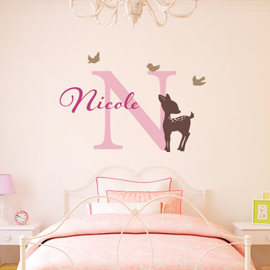 Initial & Name Decal with Fawn and Birds - Deer Wall Decal - Girls Name Decal - Large