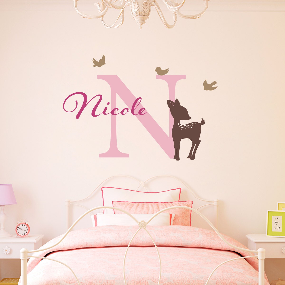 Initial & Name Decal with Fawn and Birds - Deer Wall Decal - Girls Name Decal - Large
