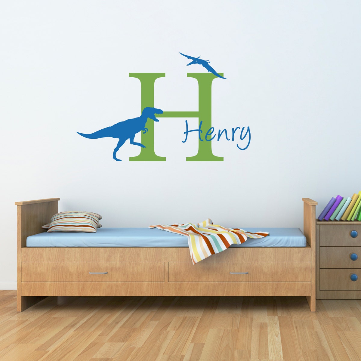 Initial & Name Wall Decal with Dinosaurs - T-Rex and Pterodactyl - Dinosaur Boy Bedroom - Large