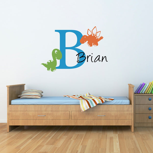 Initial & Name Wall Decal with Cute Dinosaurs - Boy Bedroom Wall Sticker - Dinosaur Decor - Large