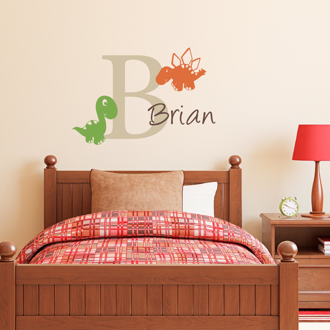 Name Wall Decal with Initial & Cute Dinosaurs - Boy Bedroom Wall Sticker - Medium