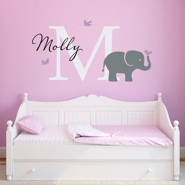 Initial & Name Decal with Elephant and Birds - Elephant Wall Decal - Custom Girls Name Decal - Large
